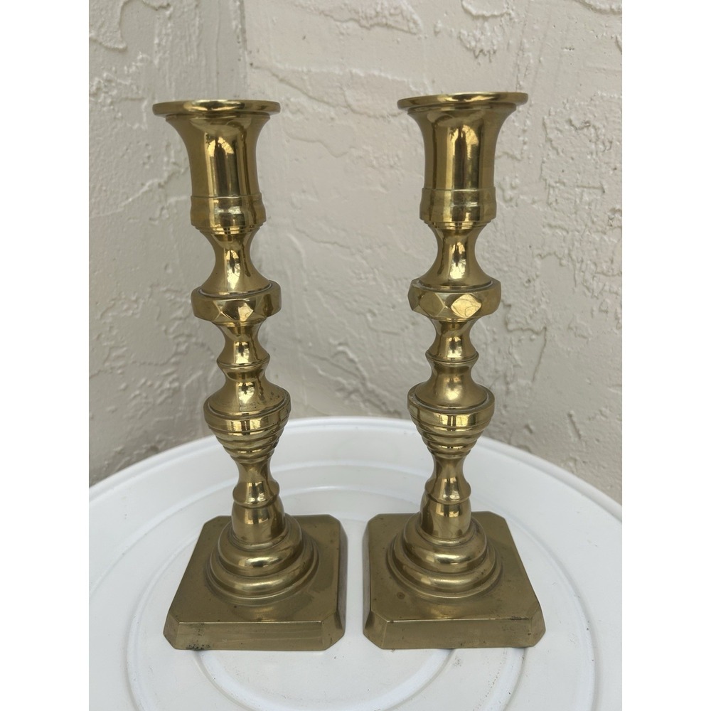 Set of 2 vintage brass geometric shape candlestick holders 9" H